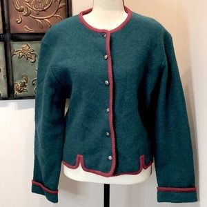 Vintage Tally Ho Wool Jacket. Size 10. Emerald with burgundy trim